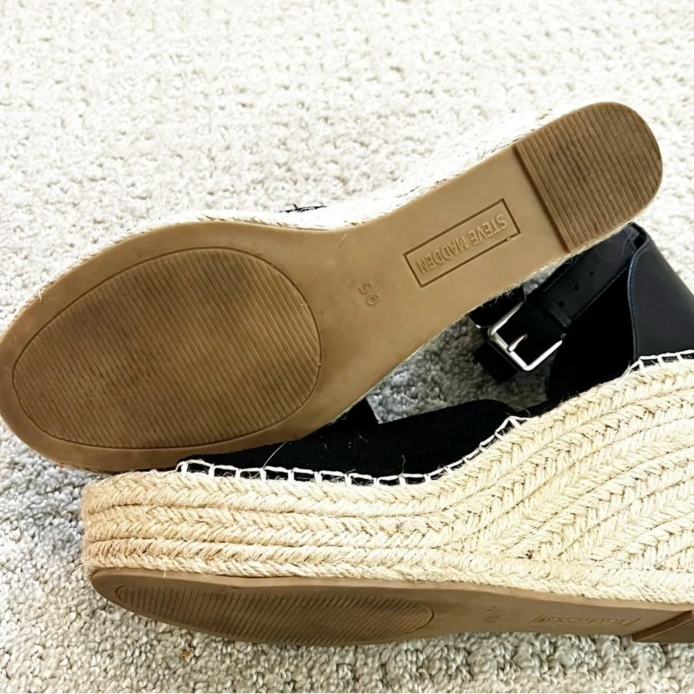 Steve Madden Josey Black Wedges Women Size 9.5 Espadrille Sandals Ankle Strap